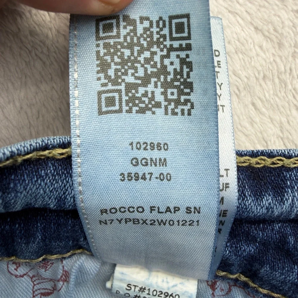 True Religion Rocco Jeans 33x34 Blue Relaxed Skinny Wave Runner Denim Flaps